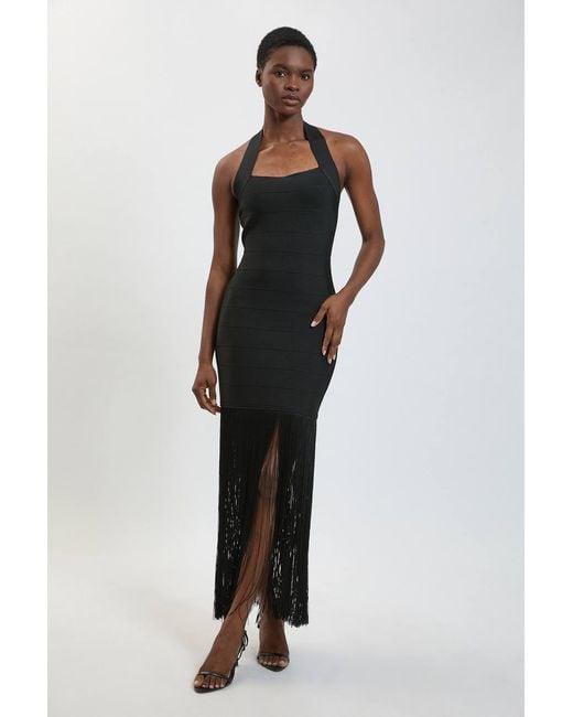 Karen Millen Black Figure Form Bandage Fringe Knit Halter Neck Midi Dress