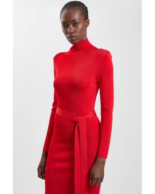 Karen Millen Red Slinky Drape Knit Power Shoulder Funnel Dress