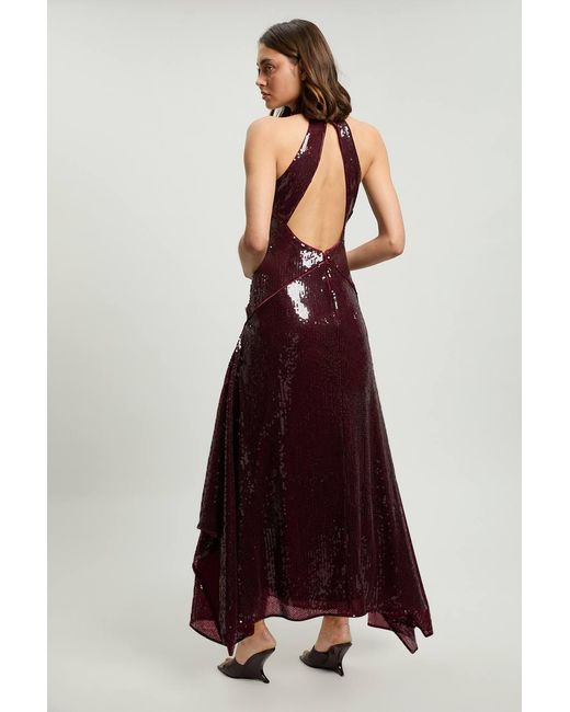 Karen Millen Red Petite Sequin Halter Neck Hanky Hem Maxi Dress