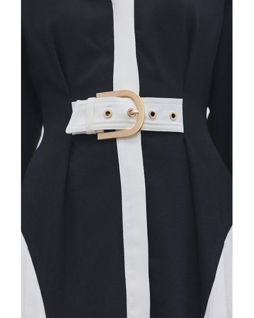 Karen Millen Black Forever Tailored Crepe Colour Block Belted Pleated Midi Dress