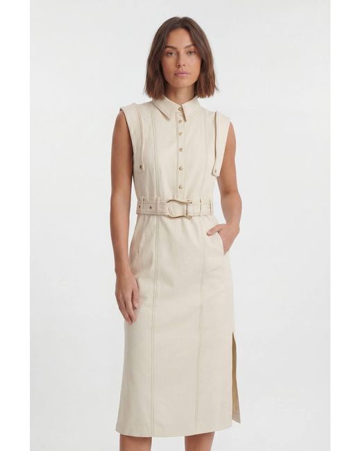 Karen Millen White Tailored Top Stitch Detail Belted Midi Dress