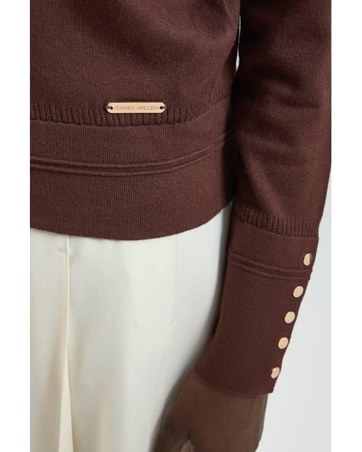 Karen Millen Brown Forever Viscose Blend Knitted Stitch Detail V Neck Long Sleeve Jumper