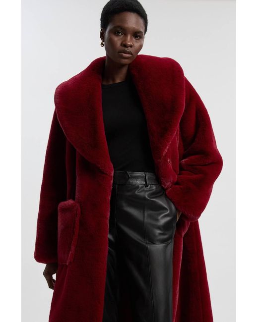 Karen Millen Red Petite Faux Fur Buttoned Midi Coat