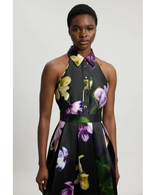 Karen Millen White Floral Woven Twill Collared Maxi Dress