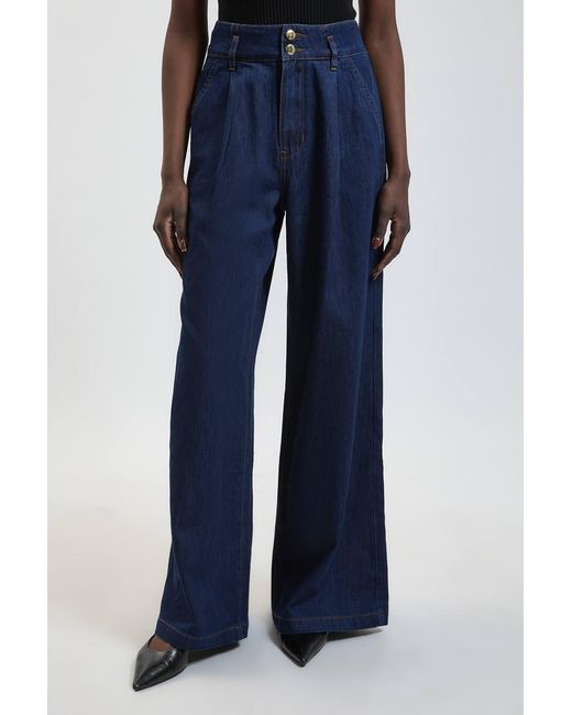 Karen Millen Blue Denim Pleated Wide Leg Trouser
