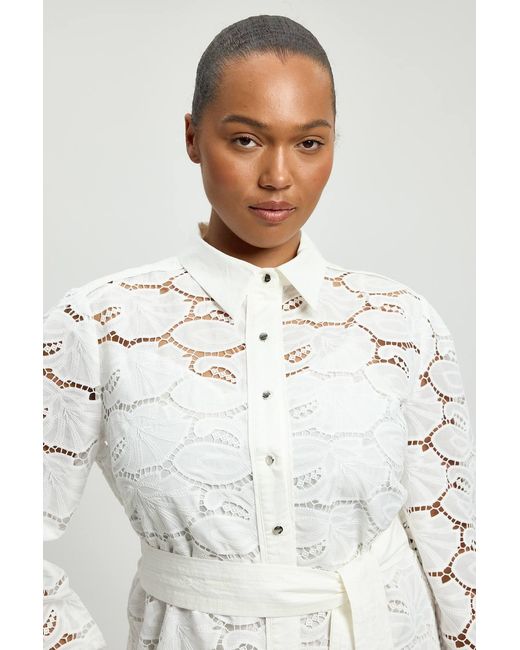 Karen Millen White Plus Size Cutwork Cotton Collared Woven Shirt Dress