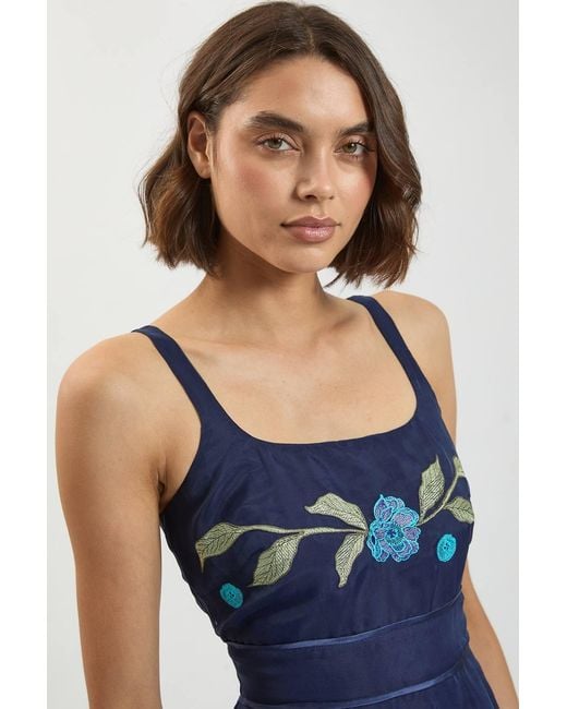 Karen Millen Blue Petite Embroidered Detail Organdie Midi Dress