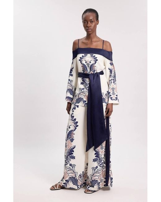 Karen Millen Blue Scarf Print Belted Woven Bardot Top