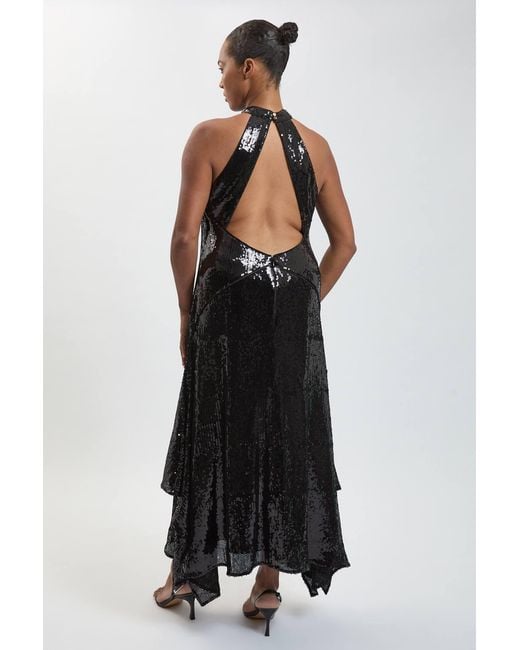 Karen Millen Black Plus Size Sequin Halter Neck Hanky Hem Maxi Dress
