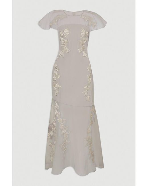 Karen Millen Natural Quilted Applique Organdie Angel Sleeve Woven Maxi Dress