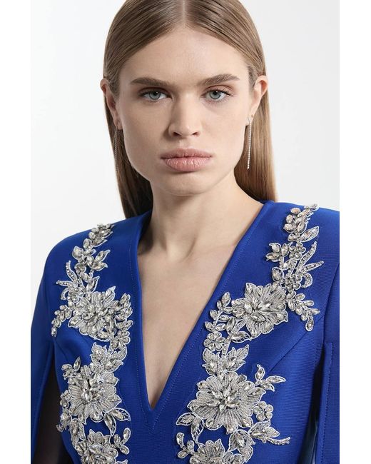 Karen Millen Blue Bandage Form Fitting Cape Sleeve Embellished Mini Dress