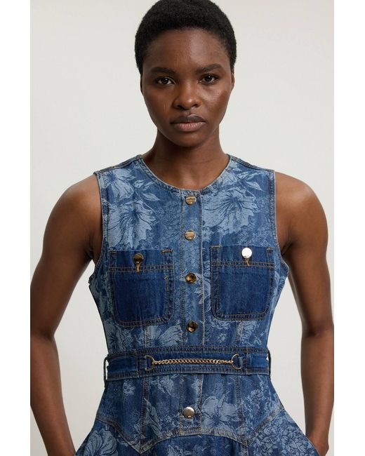 Karen Millen Blue Jacquard Denim Full Skirted Midi Dress