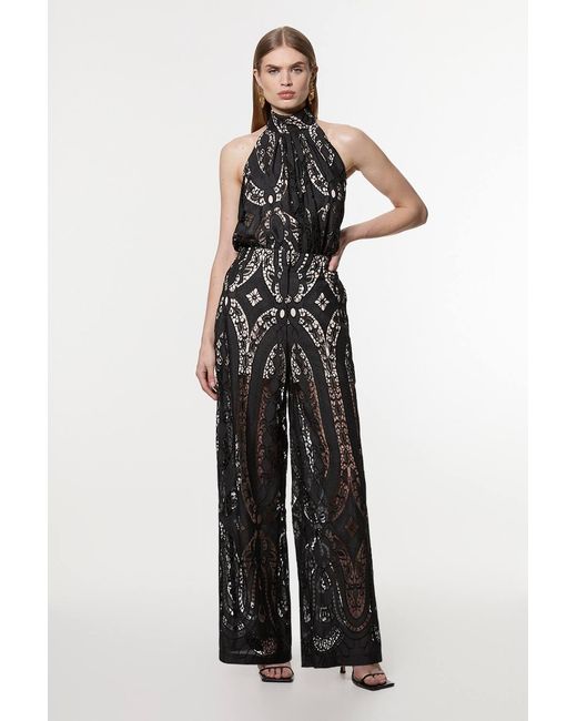 Karen Millen Black Sheer Georgette Cutwork Woven Wide Leg Trouser