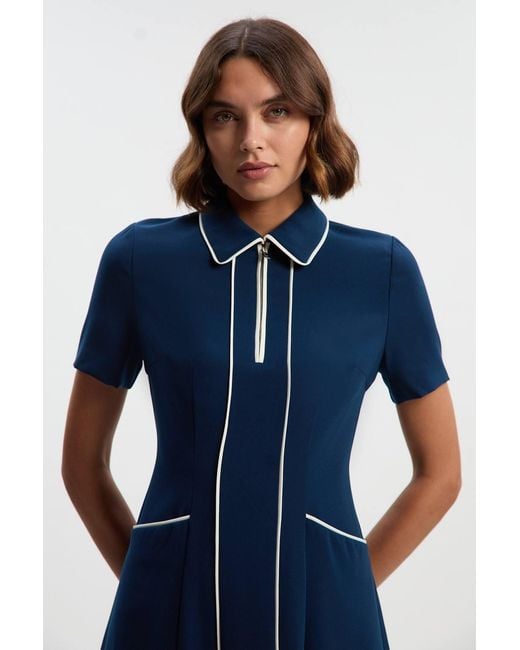 Karen Millen Blue Tailored Crepe Tipped Tailored Midi Shirt Dress