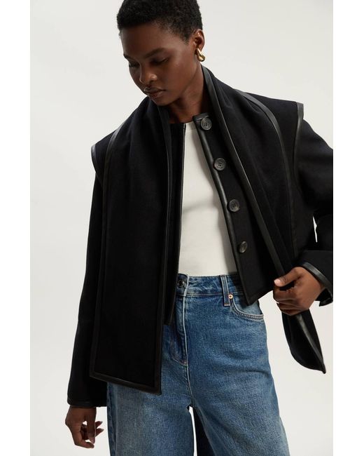 Karen Millen Black Brushed Wool Pu Mix Detachable Scarf Tailored Crop Coat