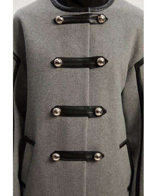 Karen Millen Gray Brushed Wool Pu Mix Tailored Collarless Midi Coat