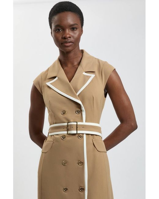 Karen Millen Natural Double Breasted Belted Tipped Tailored Midi Dress