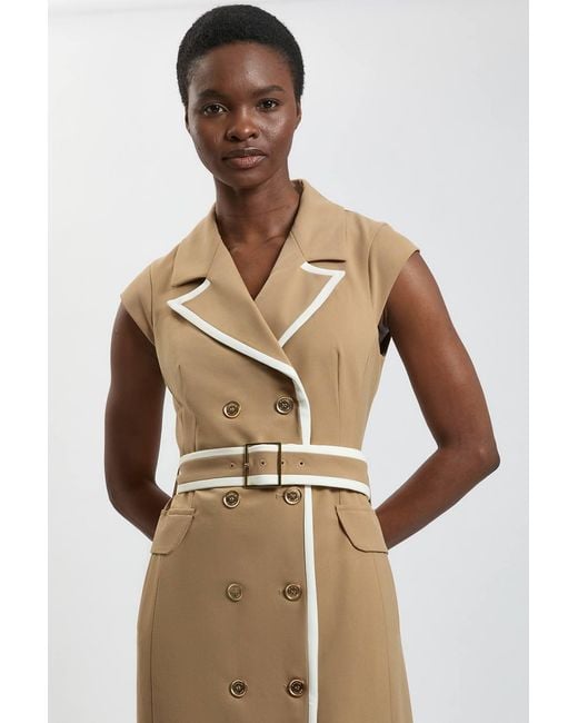 Karen Millen Natural Petite Double Breasted Belted Tipped Tailored Midi Dress