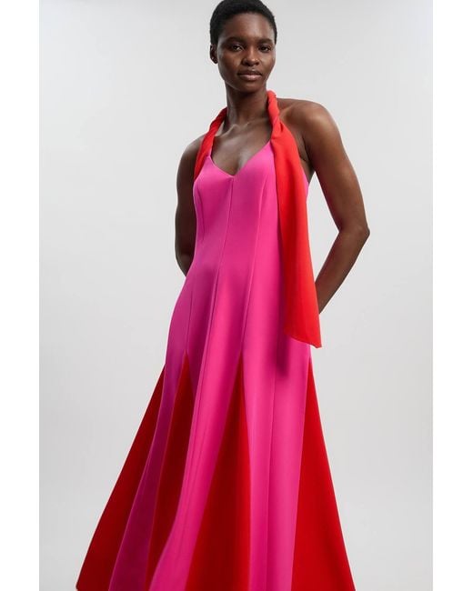 Karen Millen Petite Soft Tailored Colour Block Detail Halter Neck Maxi Dress