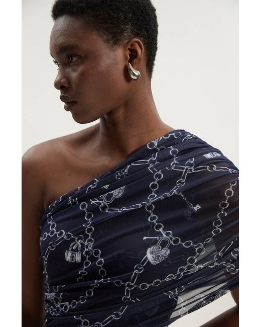 Karen Millen Blue Chain Print Mesh One Shoulder Midi Dress