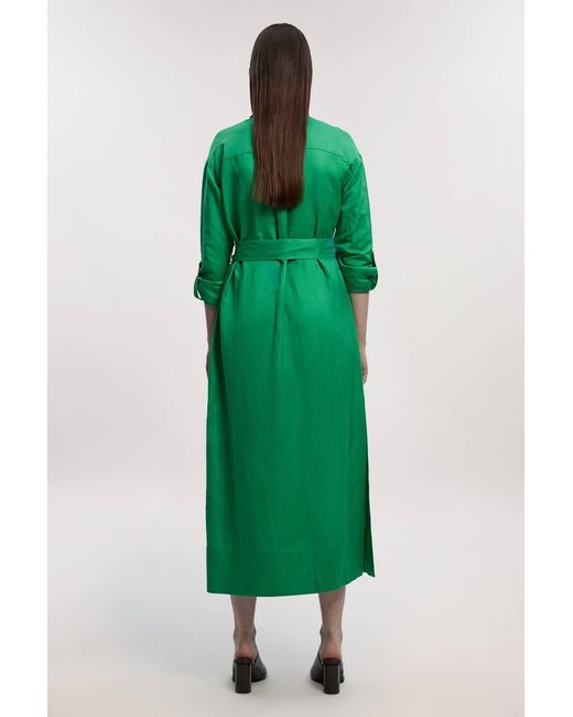 Karen Millen Green Viscose Linen Woven Belted Shirt Dress