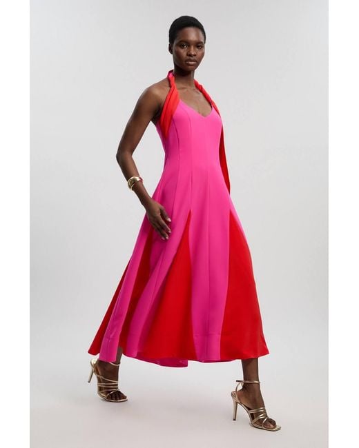 Karen Millen Petite Soft Tailored Colour Block Detail Halter Neck Maxi Dress