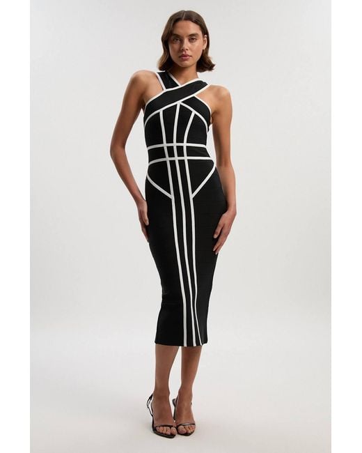Karen Millen Black Bandage Knit Contrast Cross Front Dress