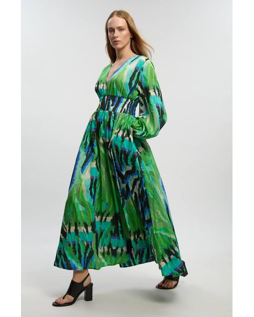 Karen Millen Green Animal Silk Cotton Plunge Maxi Dress