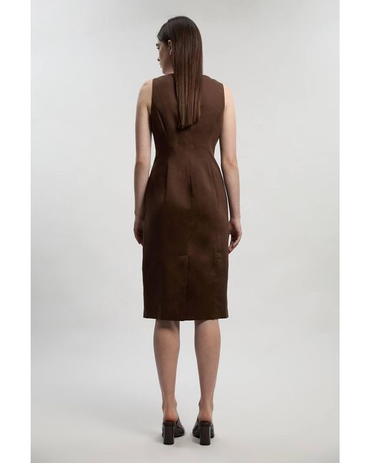 Karen Millen Brown Petite Tailored Linen Statement Button Front Pencil Midi Dress