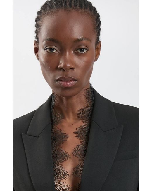 Karen Millen Black Compact Stretch Lace Mix Tailored Single Breasted Blazer