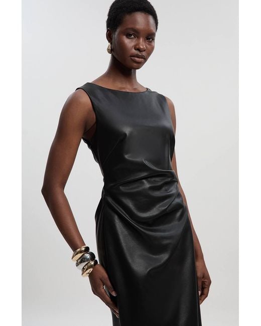 Karen Millen Black Faux Leather Ruched Asymmetric Pencil Dress