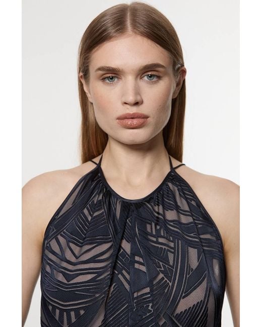 Karen Millen Blue Amelia Graham Burnout Halter Neck Asymmetric Tunic Top