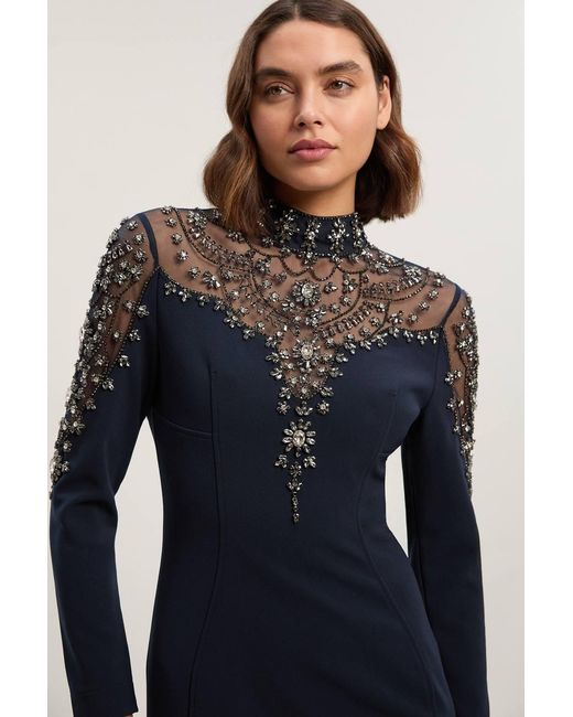 Karen Millen Blue Premium Crystal Embellished Woven Maxi Dress