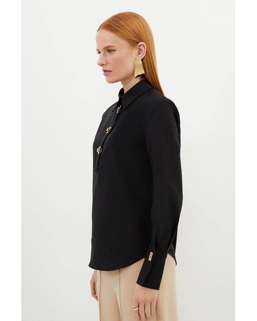 Karen Millen Black Techno Cotton Woven Shirt With Clasp