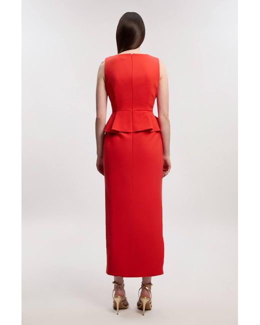 Karen Millen Red Compact Stretch Ruffle Peplum Belted Pencil Midi Dress