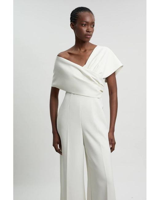 Karen Millen White Compact Viscose Stretch Tailored Off Shoulder Jumpsuit