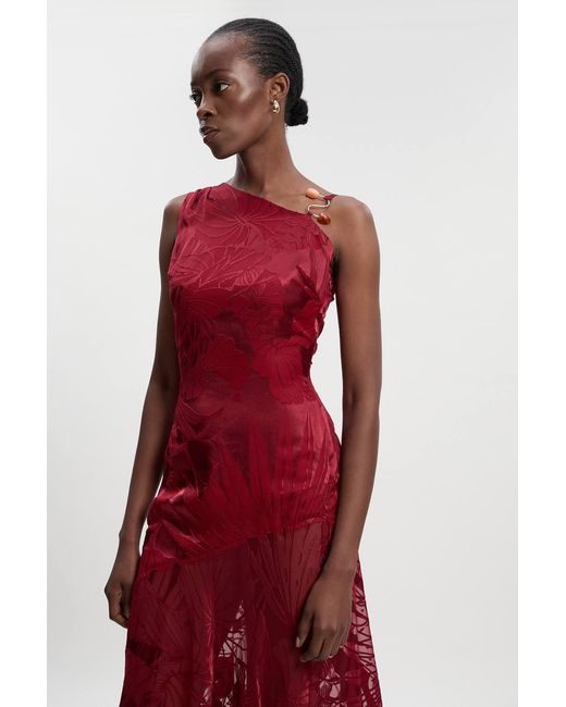 Karen Millen Red Petite Devoure One Shoulder Woven Maxi Dress With Trim Detail
