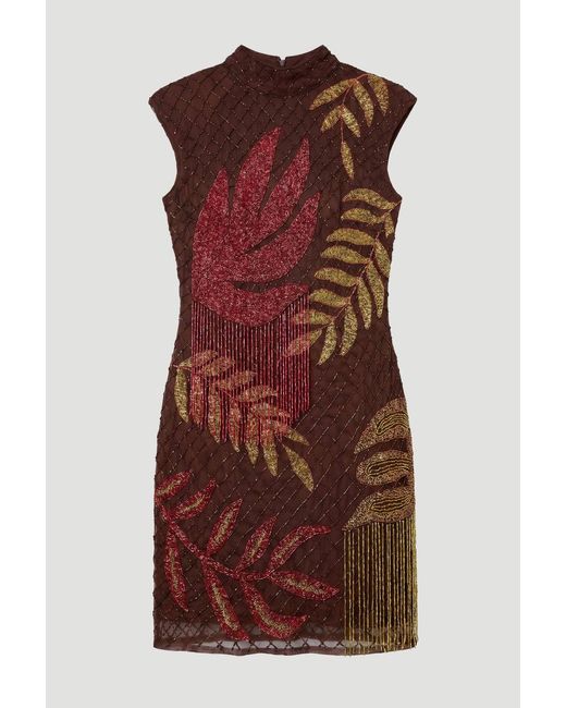 Karen Millen Red Tropical Bead Detail Mini Dress