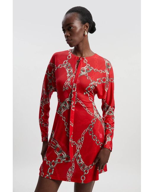 Karen Millen Red Chain Print Crepe Mini Dress
