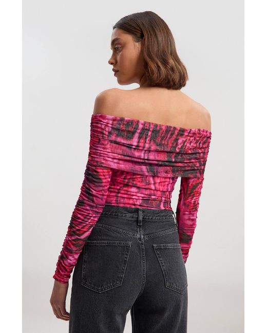 Karen Millen Red Animal Print Off The Shoulder Ruched Bodysuit
