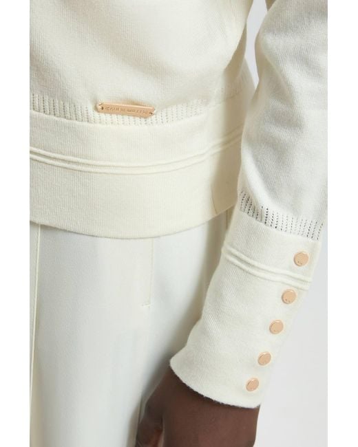 Karen Millen White Forever Viscose Blend Knitted Stitch Detail V Neck Long Sleeve Jumper