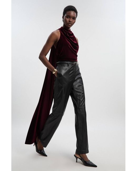 Karen Millen Red Stretch Velvet High Neck Cape Shoulder Bodysuit