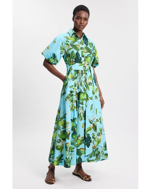 Karen Millen Green Lime Print Cotton Puff Sleeve Woven Midi Shirt Dress With Dropped Waist Detail