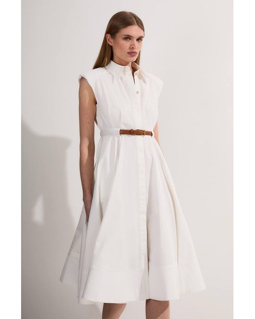 Karen Millen Natural Tailored Cotton Belted Collared Full Midi Dress