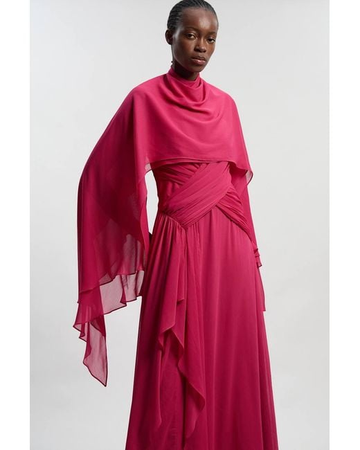 Karen Millen Red Petite Crinkle Cross Front Georgette Woven Maxi Dress