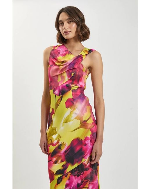 Karen Millen White Petite Viscose Satin Floral Print Asymmetric Shoulder Maxi Dress