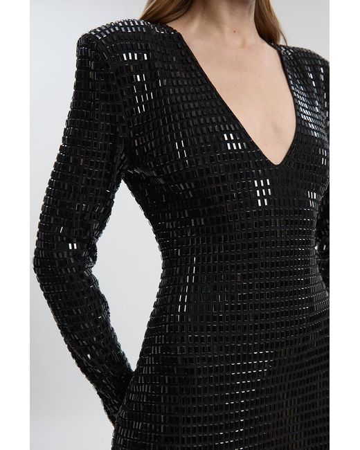 Karen Millen Black Premium Crystal Embellished Long Sleeve Plunge Neck Midi Dress