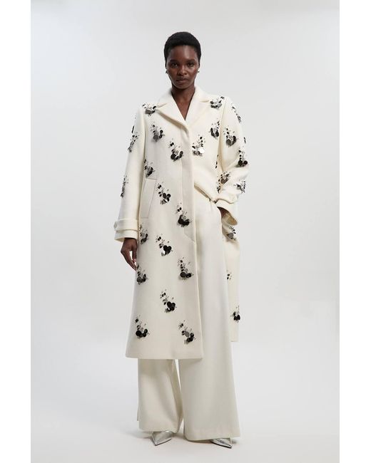Karen Millen Natural Wool Embellished Single Breasted Tailored Coat