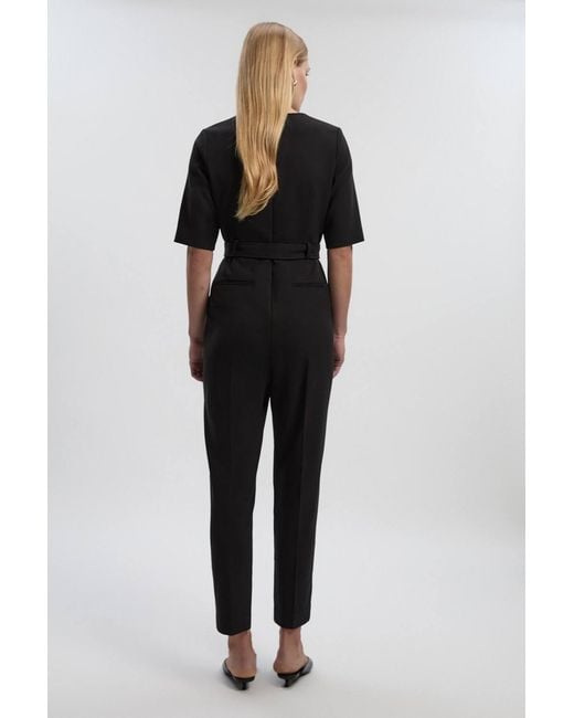 Karen Millen Black Forever Structured Crepe Notch Neck Belted Tailored Jumpsuit