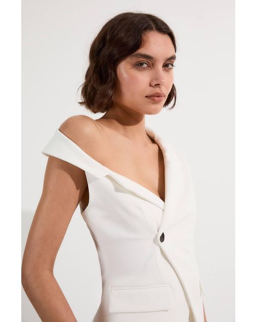 Karen Millen White Clean Tailored Asymmetric Collar Belted Tailored Top